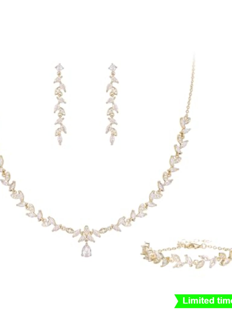 Cubic Zirconia Flower Drop Jewelry Set - Necklace Earrings Bracelet, Wedding